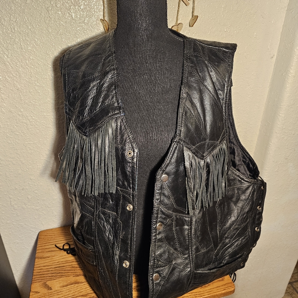 Men's Black Leather Vest with Fringe